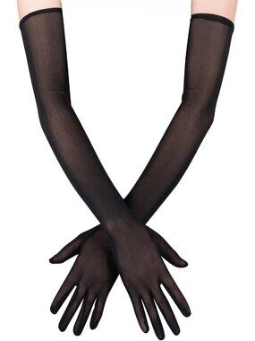 Women's Black Tulle Opera Length Sheer Mesh Long Transparent Party Gloves